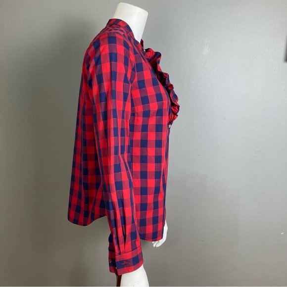 Draper Jane button up shirt 8 long sleeve plaid western ruffle navy blue red - Picture 5 of 10